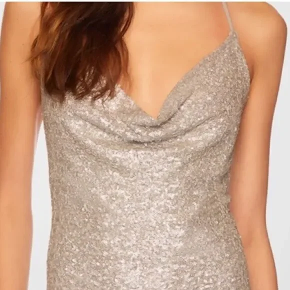 NWT Susana Monaco Sequin Cowl Neck Mini Dress Silver Large - Picture 3 of 13